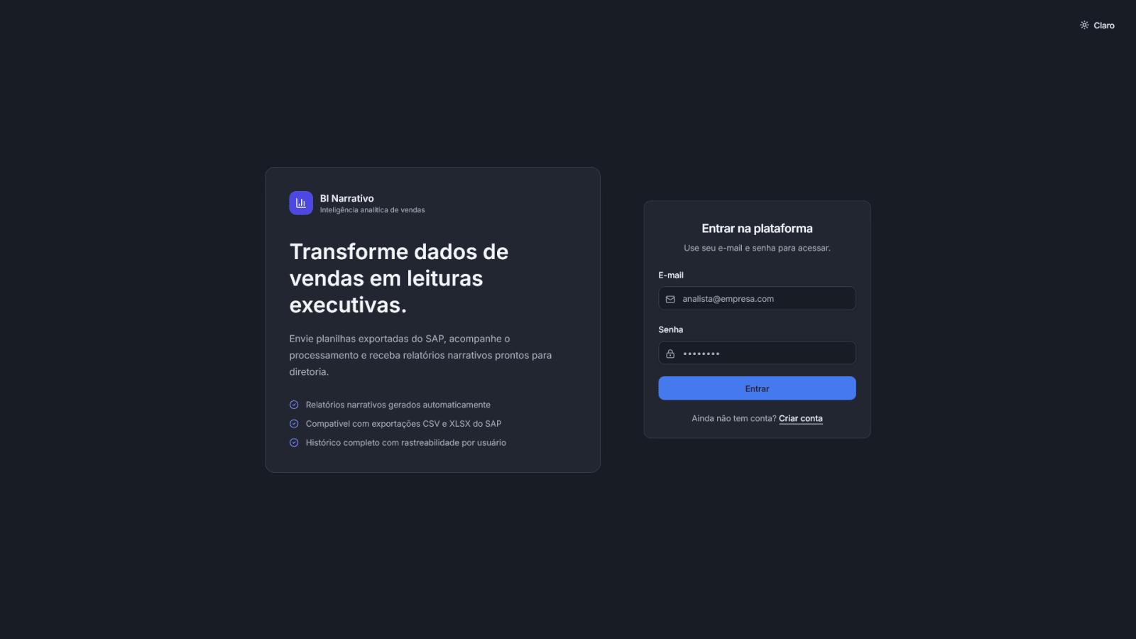 Screenshot da plataforma Narrative BI